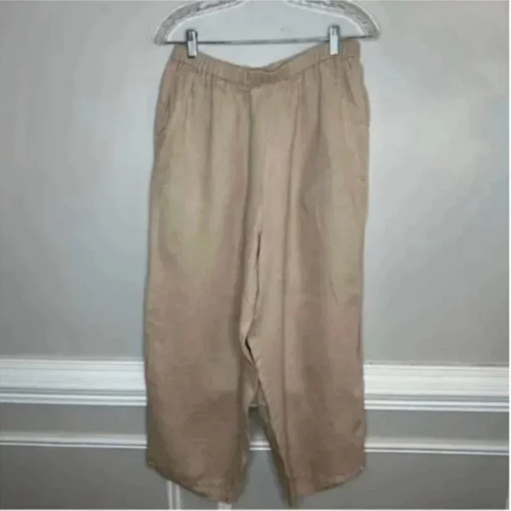 FLAX Women's Oatmeal Linen Pant Lagenlook Coastal Minimalist Pull On Cropped Med